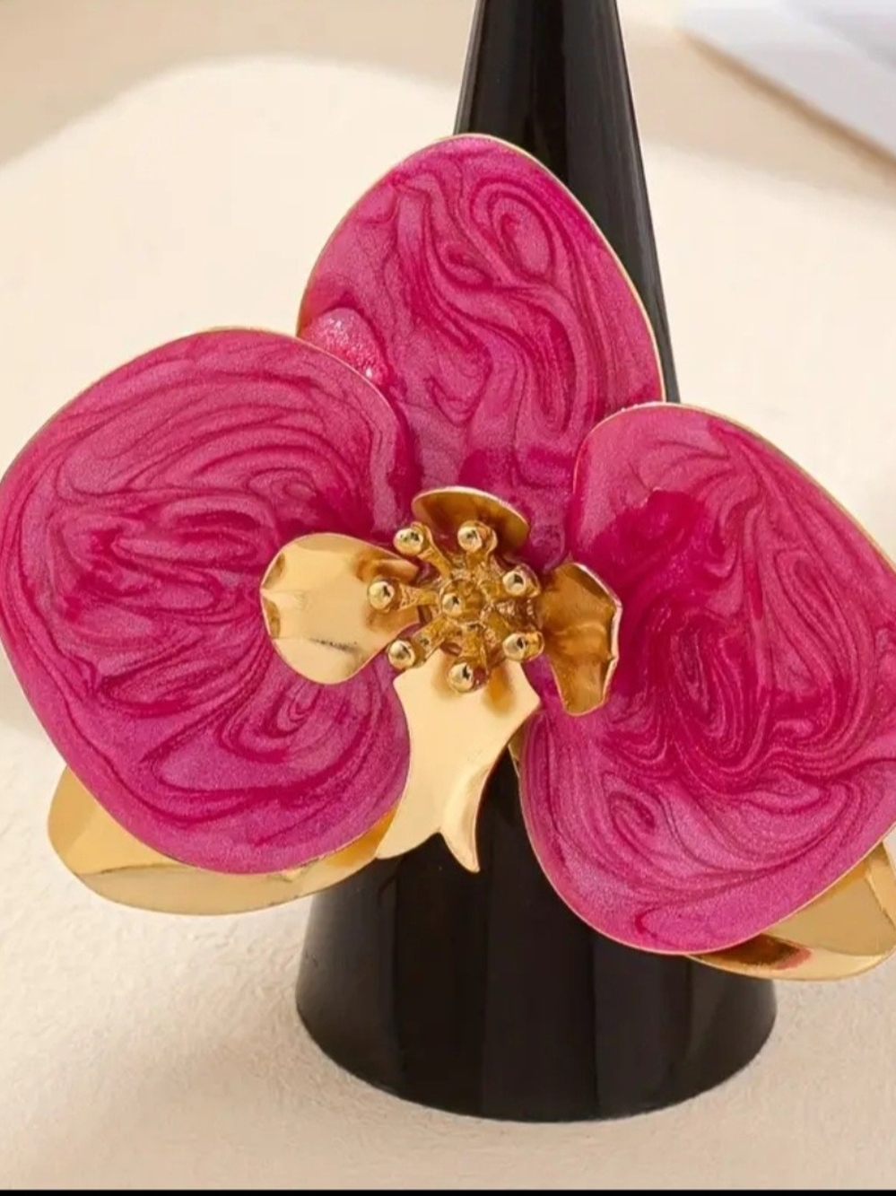 Gold & Fuchsia Flower Vintage Boho Adjustable Statement Ring -